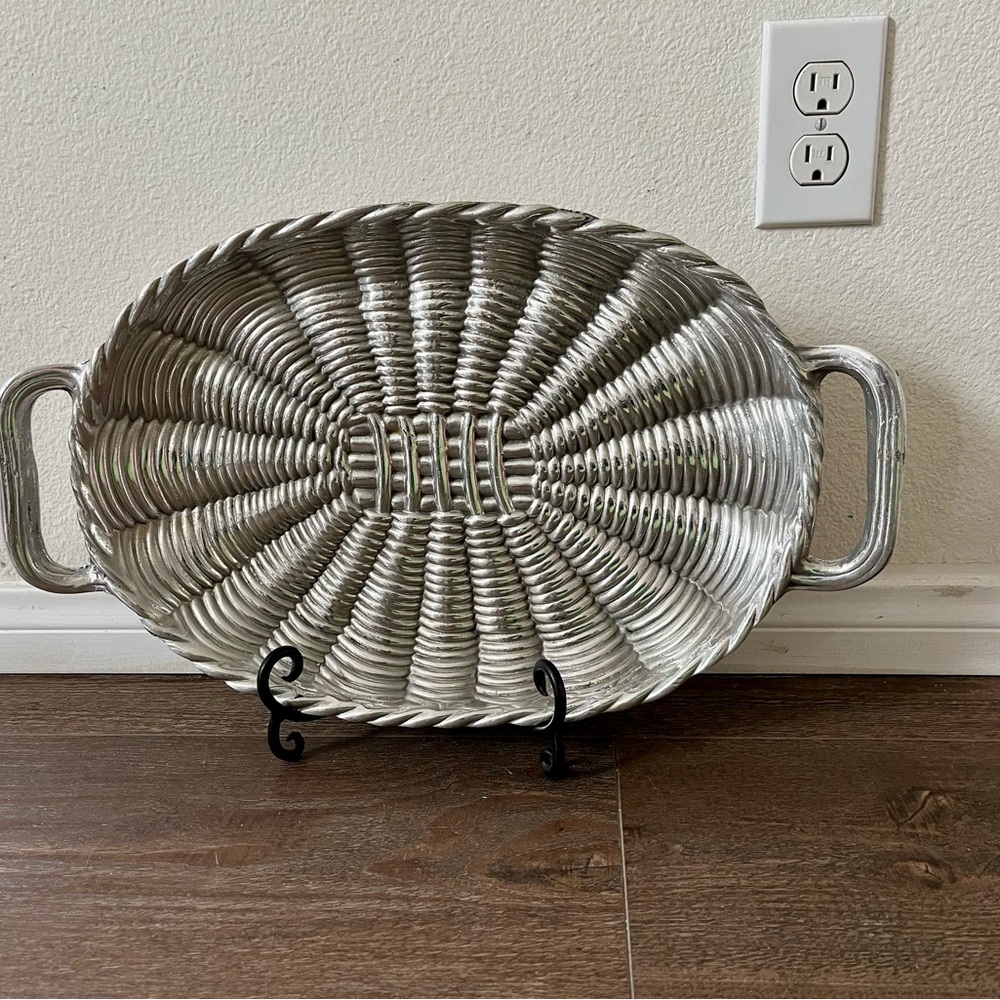 1980-70s Mexican Pewter Basket Weave Serving Platter 12/20 Inches